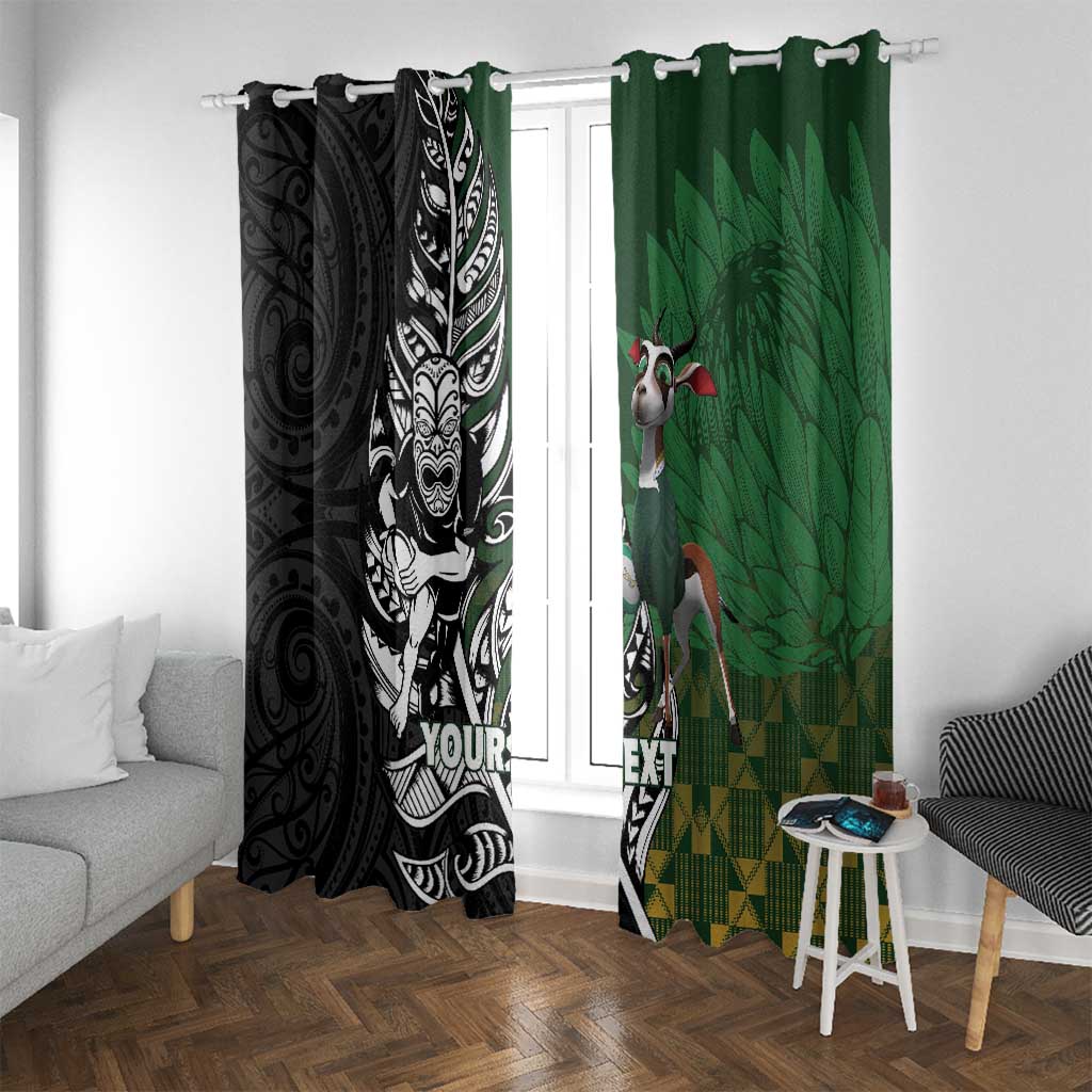 New Zealand and South Africa Rugby Custom Window Curtain Maori Tiki Fern Springboks Kente Pattern LT14 With Grommets Green - Polynesian Pride