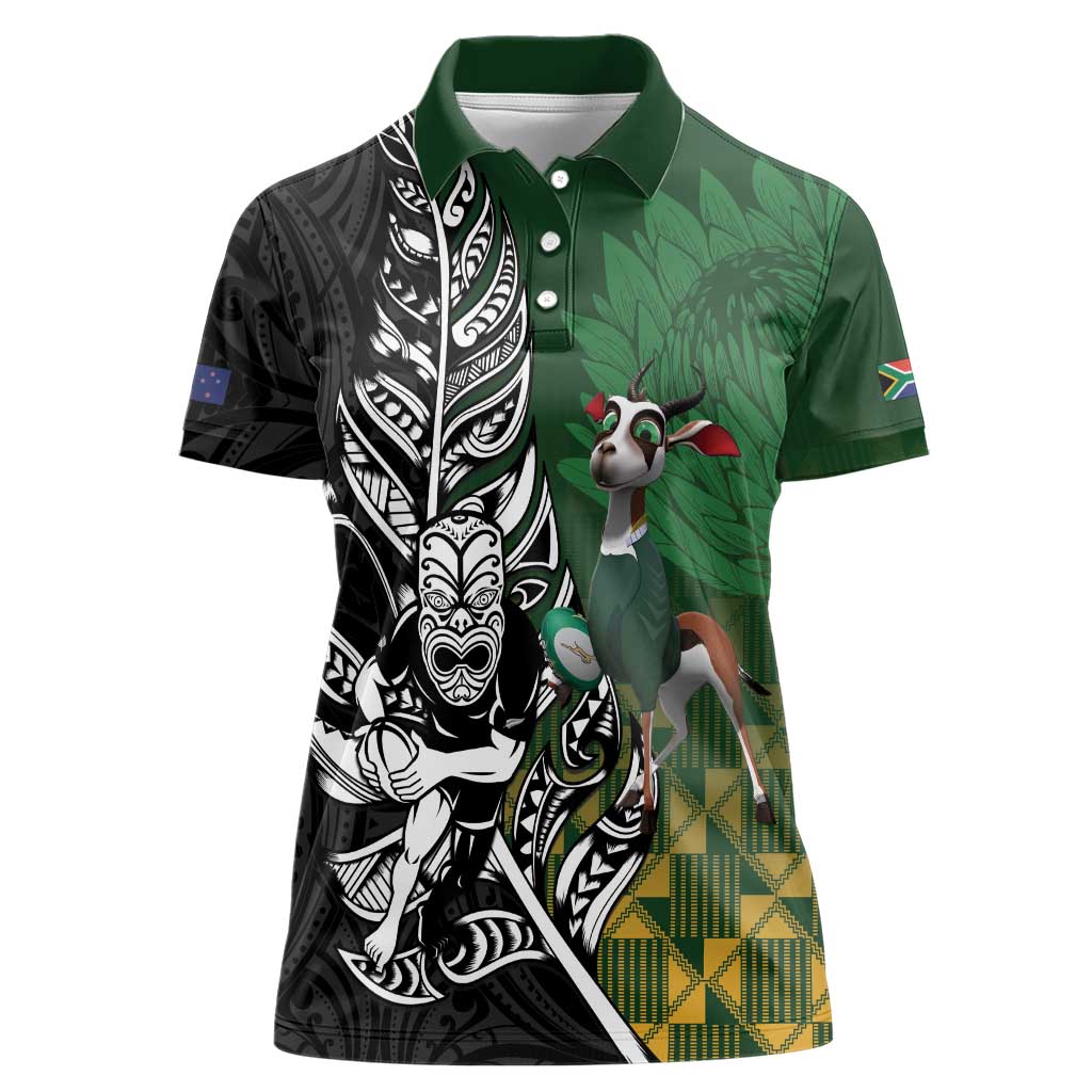 New Zealand and South Africa Rugby Custom Women Polo Shirt Maori Tiki Fern Springboks Kente Pattern - Polynesian Pride