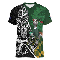 New Zealand and South Africa Rugby Custom Women V-Neck T-Shirt Maori Tiki Fern Springboks Kente Pattern LT14 Female Green - Polynesian Pride