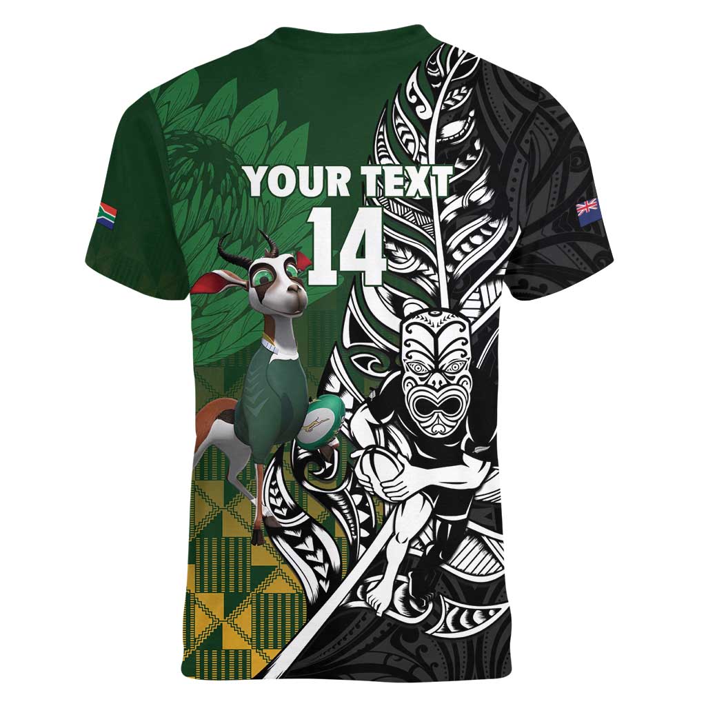 New Zealand and South Africa Rugby Custom Women V-Neck T-Shirt Maori Tiki Fern Springboks Kente Pattern LT14 - Polynesian Pride