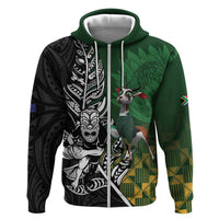 New Zealand and South Africa Rugby Custom Zip Hoodie Maori Tiki Fern Springboks Kente Pattern LT14 Zip Hoodie Green - Polynesian Pride