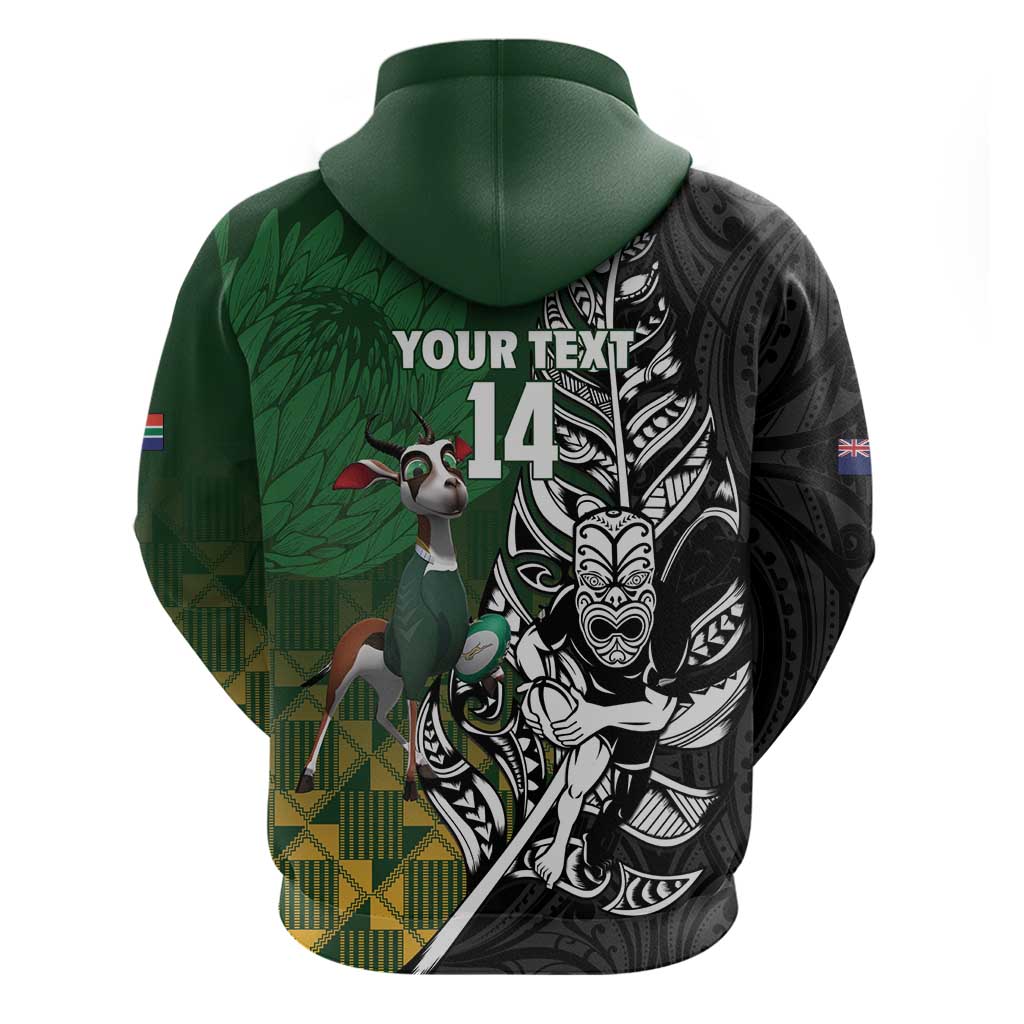 New Zealand and South Africa Rugby Custom Zip Hoodie Maori Tiki Fern Springboks Kente Pattern LT14 - Polynesian Pride