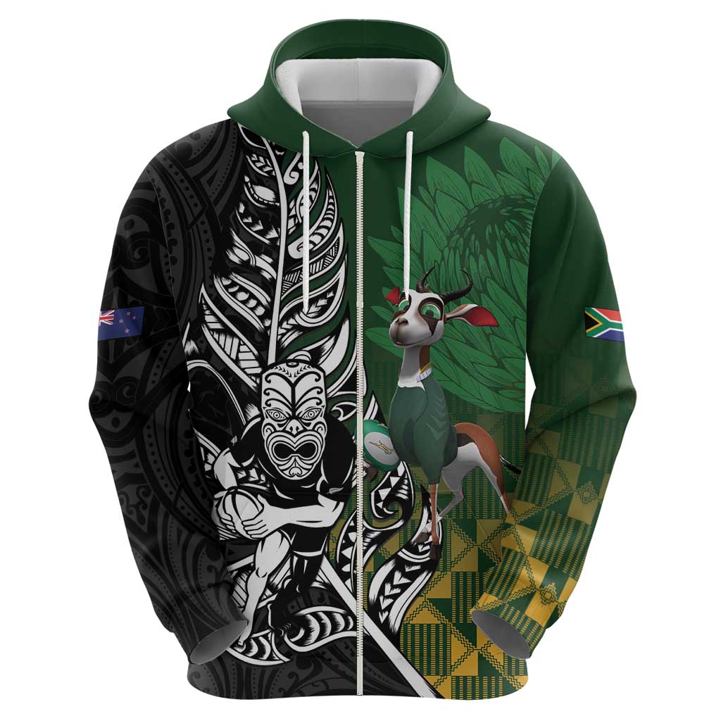 New Zealand and South Africa Rugby Custom Zip Hoodie Maori Tiki Fern Springboks Kente Pattern LT14 - Polynesian Pride
