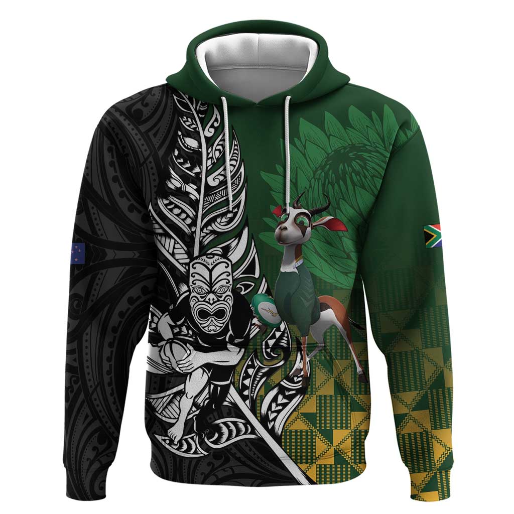 New Zealand and South Africa Rugby Custom Zip Hoodie Maori Tiki Fern Springboks Kente Pattern LT14 Pullover Hoodie Green - Polynesian Pride