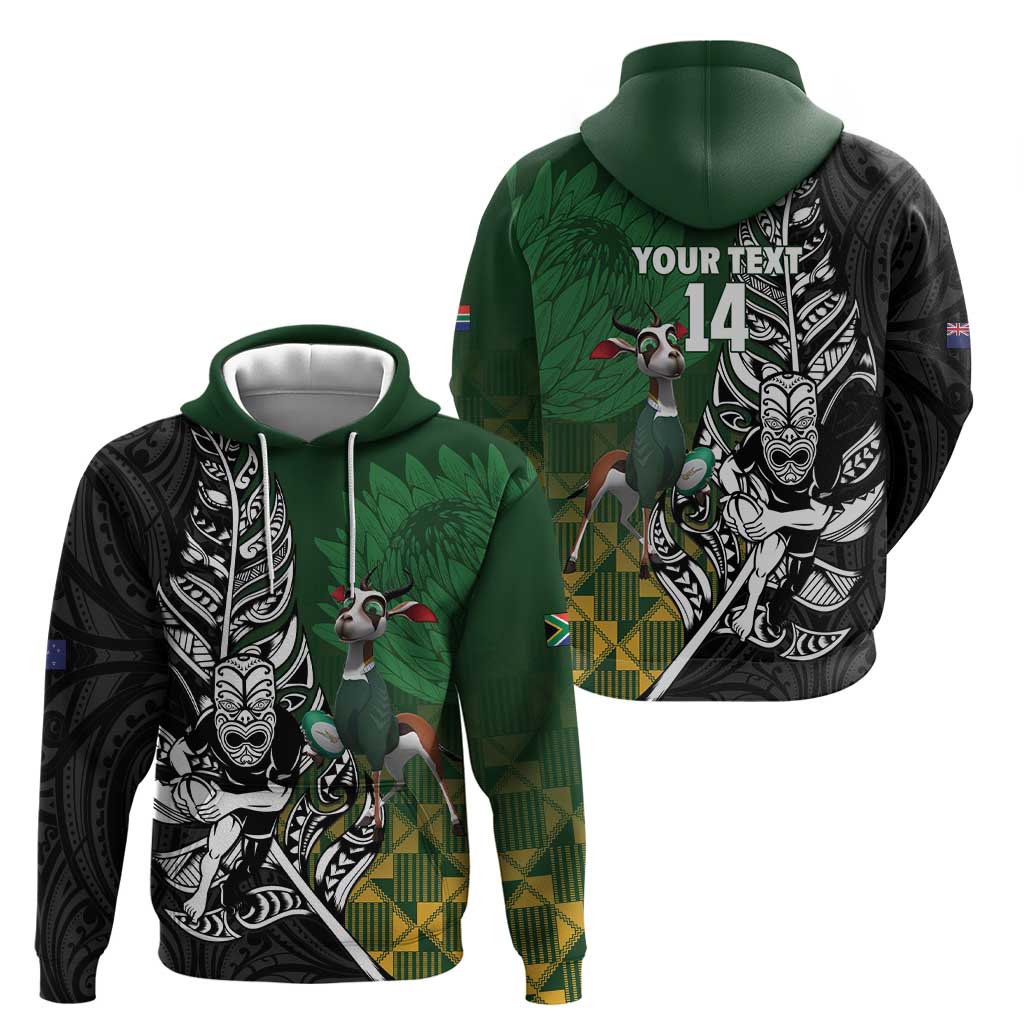 New Zealand and South Africa Rugby Custom Zip Hoodie Maori Tiki Fern Springboks Kente Pattern LT14 - Polynesian Pride