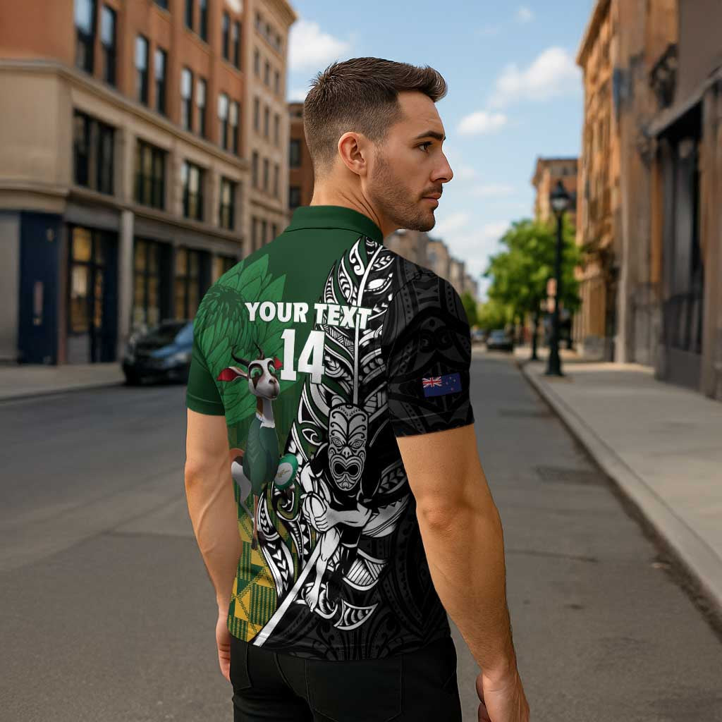 New Zealand and South Africa Rugby Custom Zipper Polo Shirt Maori Tiki Fern Springboks Kente Pattern LT14 - Polynesian Pride