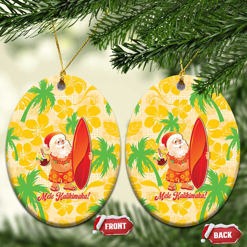 Aloha Hawaii Christmas Ceramic Ornament Mele Kalikimaka Funny Santa Palaka Quilt Motifs LT14 Oval Yellow - Polynesian Pride