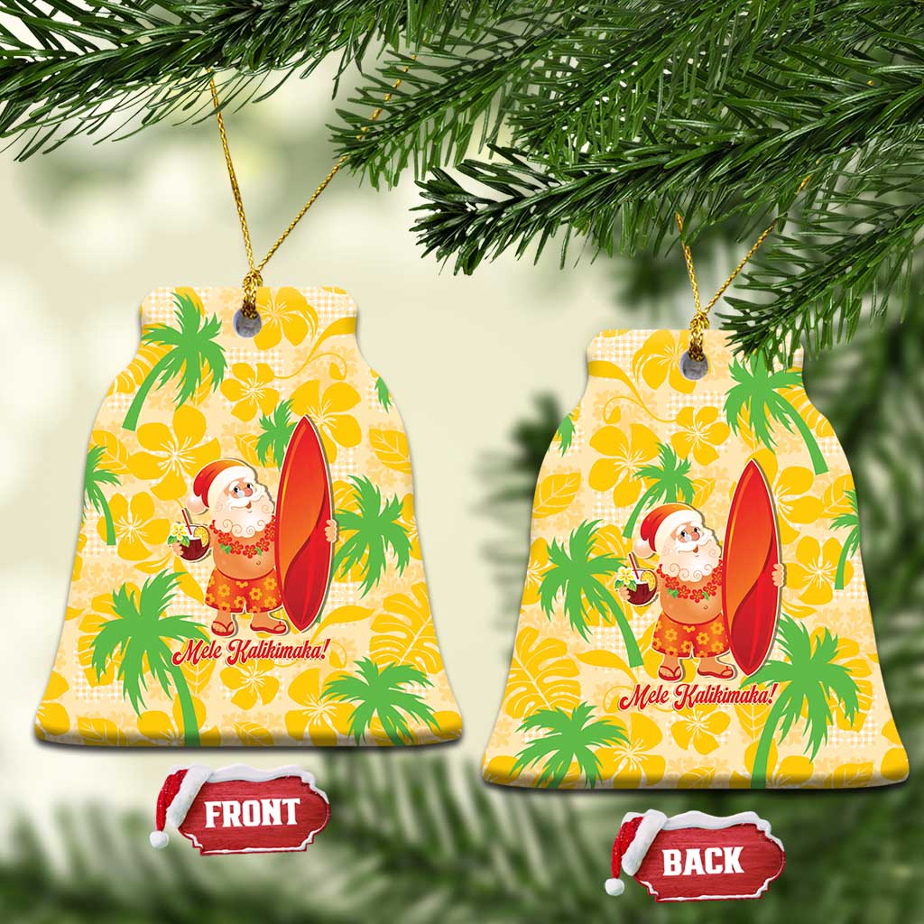 Aloha Hawaii Christmas Ceramic Ornament Mele Kalikimaka Funny Santa Palaka Quilt Motifs LT14 Bell Flake Yellow - Polynesian Pride