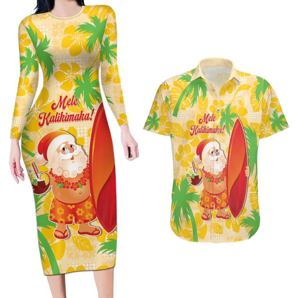 Aloha Hawaii Christmas Couples Matching Long Sleeve Bodycon Dress and Hawaiian Shirt Mele Kalikimaka Funny Santa Palaka Quilt Motifs LT14 Yellow - Polynesian Pride