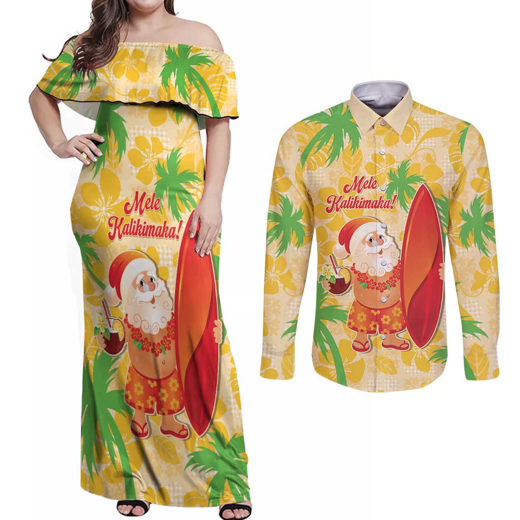Aloha Hawaii Christmas Couples Matching Off Shoulder Maxi Dress and Long Sleeve Button Shirt Mele Kalikimaka Funny Santa Palaka Quilt Motifs LT14 Yellow - Polynesian Pride