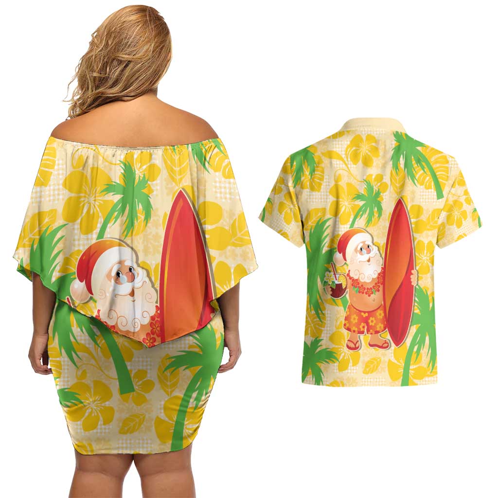 Aloha Hawaii Christmas Couples Matching Off Shoulder Short Dress and Hawaiian Shirt Mele Kalikimaka Funny Santa Palaka Quilt Motifs LT14 - Polynesian Pride
