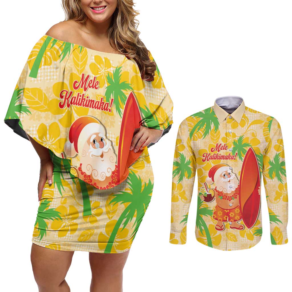 Aloha Hawaii Christmas Couples Matching Off Shoulder Short Dress and Long Sleeve Button Shirt Mele Kalikimaka Funny Santa Palaka Quilt Motifs LT14 Yellow - Polynesian Pride
