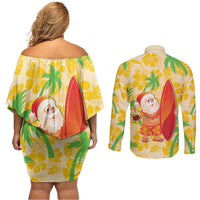 Aloha Hawaii Christmas Couples Matching Off Shoulder Short Dress and Long Sleeve Button Shirt Mele Kalikimaka Funny Santa Palaka Quilt Motifs LT14 - Polynesian Pride
