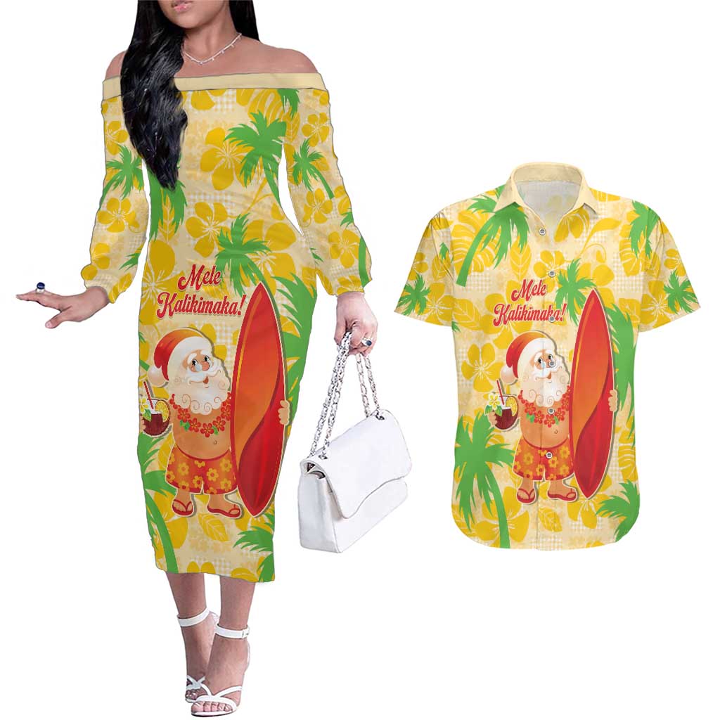 Aloha Hawaii Christmas Couples Matching Off The Shoulder Long Sleeve Dress and Hawaiian Shirt Mele Kalikimaka Funny Santa Palaka Quilt Motifs LT14 Yellow - Polynesian Pride
