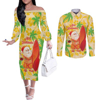 Aloha Hawaii Christmas Couples Matching Off The Shoulder Long Sleeve Dress and Long Sleeve Button Shirt Mele Kalikimaka Funny Santa Palaka Quilt Motifs LT14 Yellow - Polynesian Pride