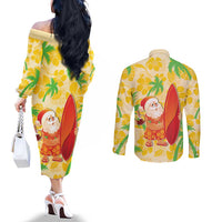 Aloha Hawaii Christmas Couples Matching Off The Shoulder Long Sleeve Dress and Long Sleeve Button Shirt Mele Kalikimaka Funny Santa Palaka Quilt Motifs LT14 - Polynesian Pride
