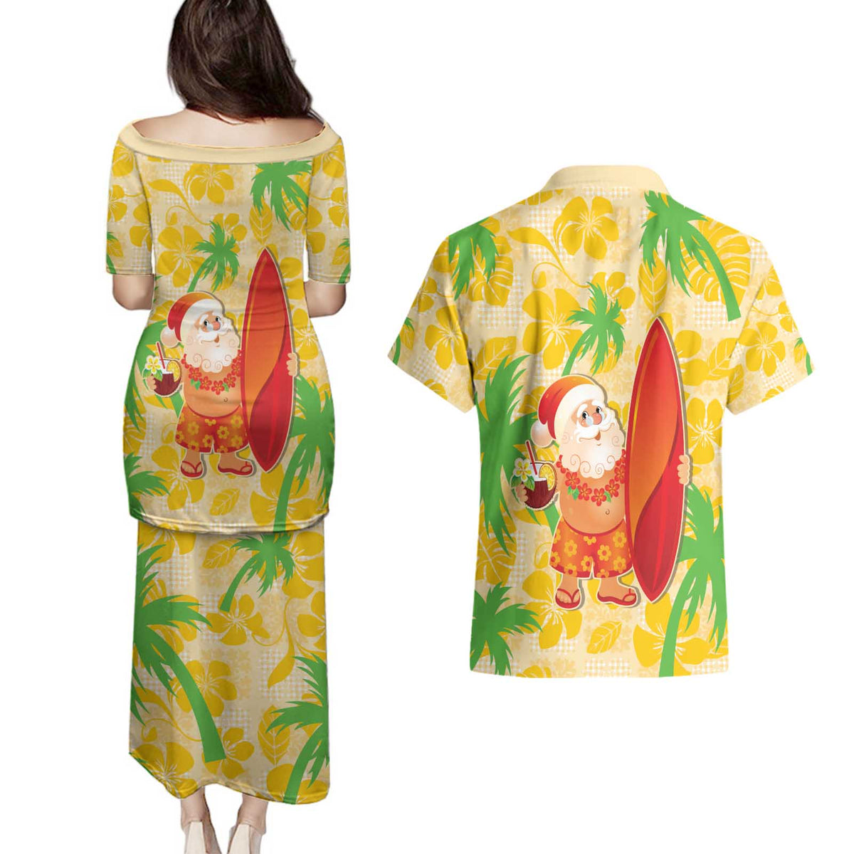 Aloha Hawaii Christmas Couples Matching Puletasi and Hawaiian Shirt Mele Kalikimaka Funny Santa Palaka Quilt Motifs LT14 - Polynesian Pride
