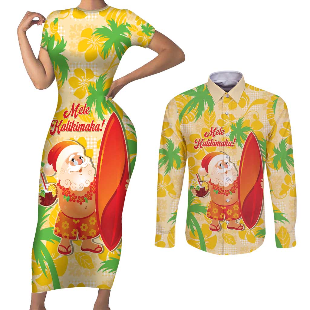 Aloha Hawaii Christmas Couples Matching Short Sleeve Bodycon Dress and Long Sleeve Button Shirt Mele Kalikimaka Funny Santa Palaka Quilt Motifs LT14 Yellow - Polynesian Pride