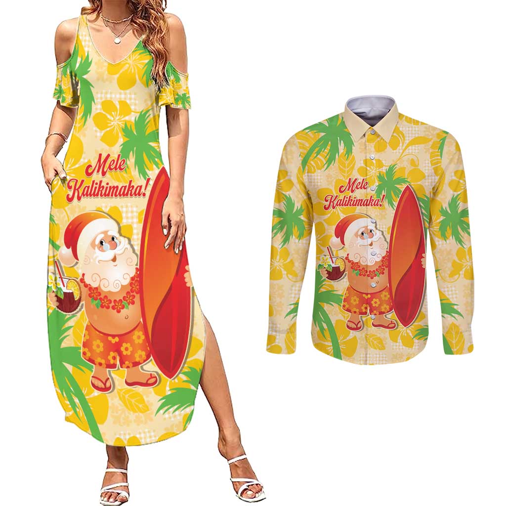 Aloha Hawaii Christmas Couples Matching Summer Maxi Dress and Long Sleeve Button Shirt Mele Kalikimaka Funny Santa Palaka Quilt Motifs LT14 Yellow - Polynesian Pride