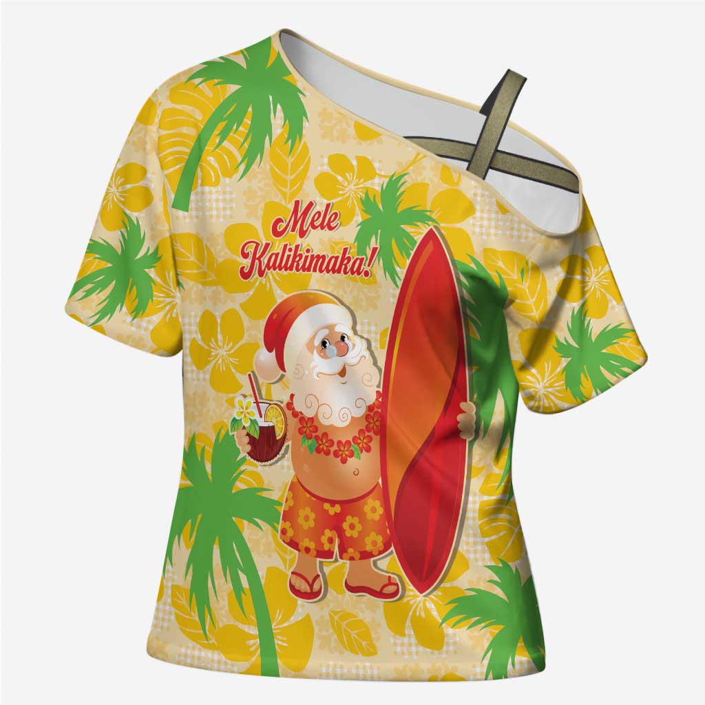 Aloha Hawaii Christmas Cross Shoulder Shirt Mele Kalikimaka Funny Santa Palaka Quilt Motifs LT14 Female Yellow - Polynesian Pride