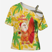 Aloha Hawaii Christmas Cross Shoulder Shirt Mele Kalikimaka Funny Santa Palaka Quilt Motifs LT14 Female Yellow - Polynesian Pride