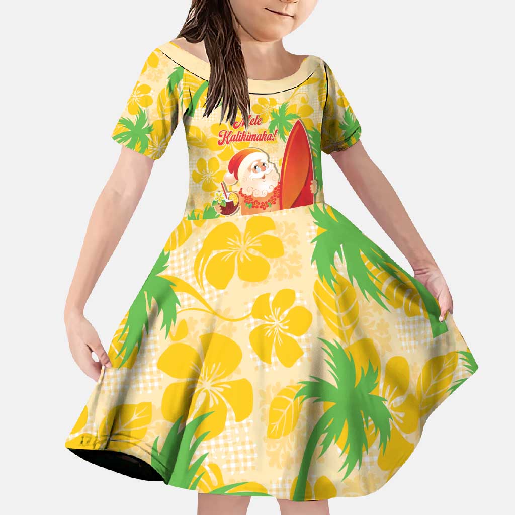 Aloha Hawaii Christmas Family Matching Long Sleeve Bodycon Dress and Hawaiian Shirt Mele Kalikimaka Funny Santa Palaka Quilt Motifs LT14 Daughter's Dress Yellow - Polynesian Pride