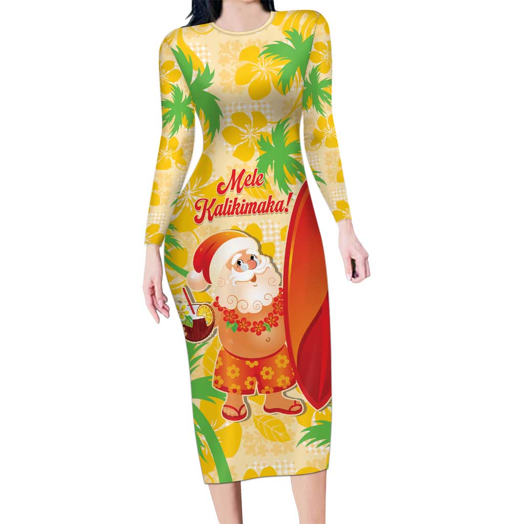 Aloha Hawaii Christmas Family Matching Long Sleeve Bodycon Dress and Hawaiian Shirt Mele Kalikimaka Funny Santa Palaka Quilt Motifs LT14 Mom's Dress Yellow - Polynesian Pride