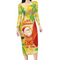Aloha Hawaii Christmas Family Matching Long Sleeve Bodycon Dress and Hawaiian Shirt Mele Kalikimaka Funny Santa Palaka Quilt Motifs LT14 Mom's Dress Yellow - Polynesian Pride