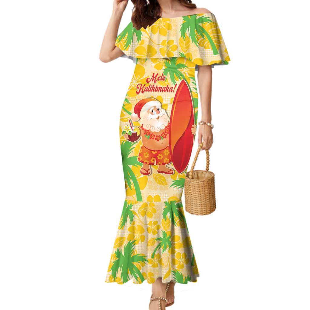 Aloha Hawaii Christmas Family Matching Mermaid Dress and Hawaiian Shirt Mele Kalikimaka Funny Santa Palaka Quilt Motifs LT14 Mom's Dress Yellow - Polynesian Pride