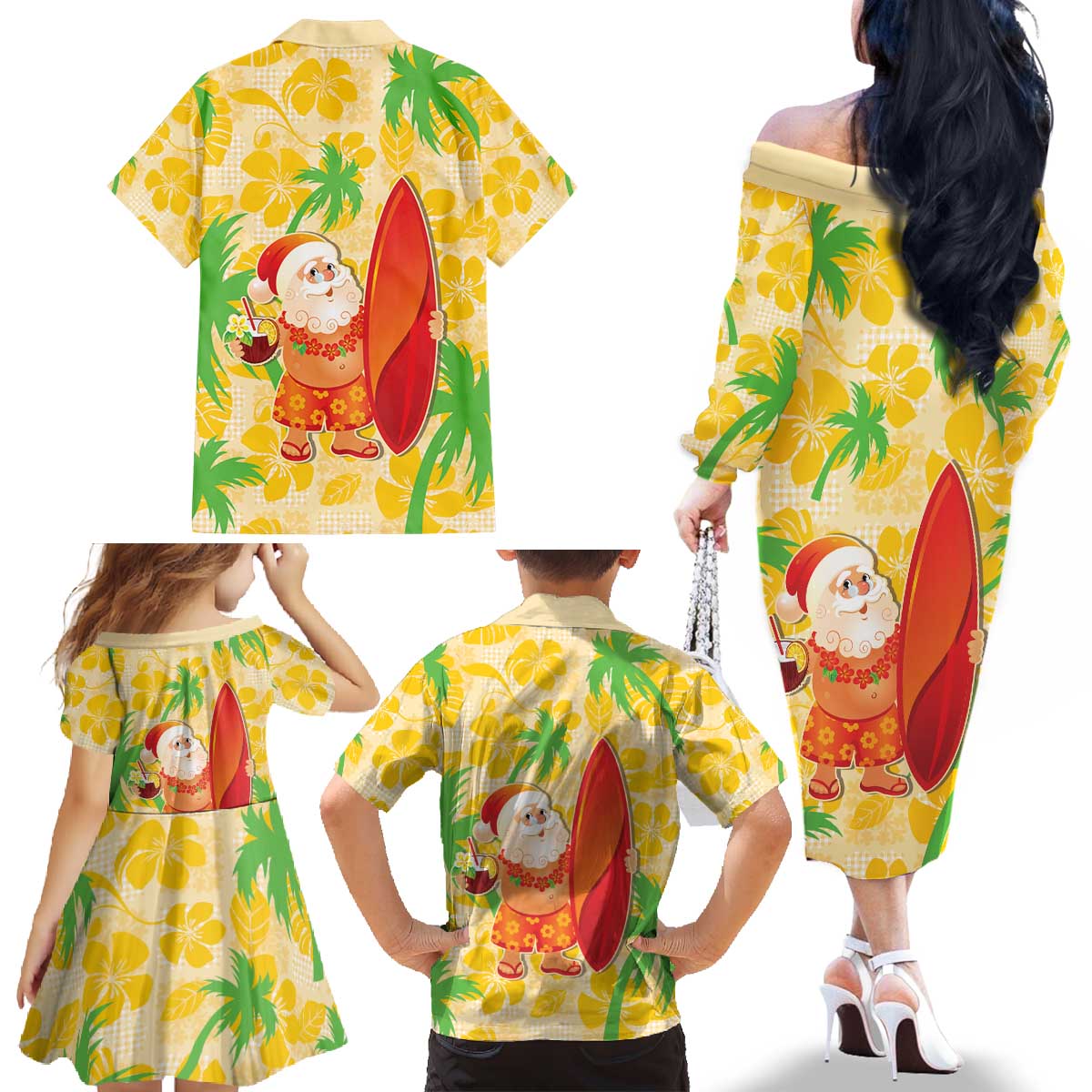 Aloha Hawaii Christmas Family Matching Off The Shoulder Long Sleeve Dress and Hawaiian Shirt Mele Kalikimaka Funny Santa Palaka Quilt Motifs LT14 - Polynesian Pride