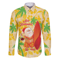 Aloha Hawaii Christmas Family Matching Off The Shoulder Long Sleeve Dress and Hawaiian Shirt Mele Kalikimaka Funny Santa Palaka Quilt Motifs LT14 Dad's Shirt - Long Sleeve Yellow - Polynesian Pride