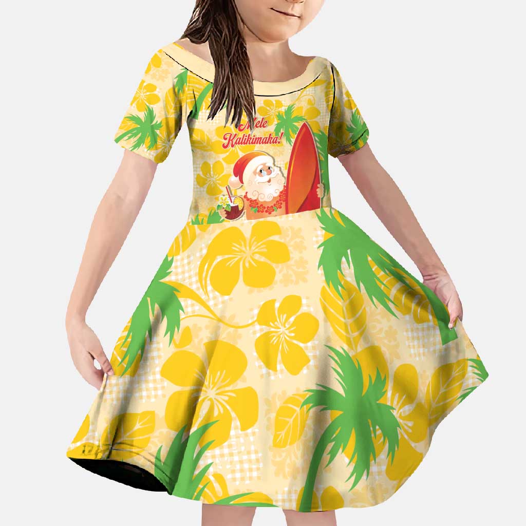 Aloha Hawaii Christmas Family Matching Off Shoulder Maxi Dress and Hawaiian Shirt Mele Kalikimaka Funny Santa Palaka Quilt Motifs LT14 Daughter's Dress Yellow - Polynesian Pride