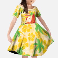 Aloha Hawaii Christmas Family Matching Off Shoulder Maxi Dress and Hawaiian Shirt Mele Kalikimaka Funny Santa Palaka Quilt Motifs LT14 Daughter's Dress Yellow - Polynesian Pride