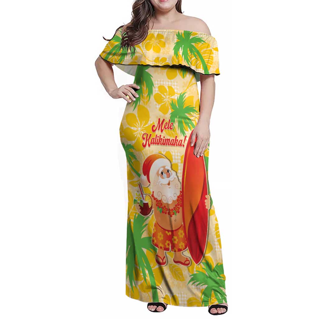 Aloha Hawaii Christmas Family Matching Off Shoulder Maxi Dress and Hawaiian Shirt Mele Kalikimaka Funny Santa Palaka Quilt Motifs LT14 Mom's Dress Yellow - Polynesian Pride