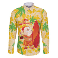 Aloha Hawaii Christmas Family Matching Off Shoulder Short Dress and Hawaiian Shirt Mele Kalikimaka Funny Santa Palaka Quilt Motifs LT14 Dad's Shirt - Long Sleeve Yellow - Polynesian Pride