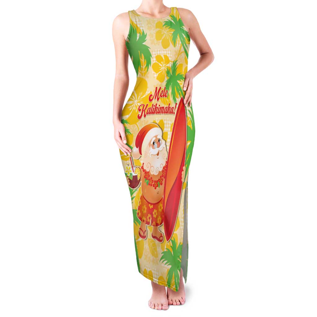 Aloha Hawaii Christmas Family Matching Tank Maxi Dress and Hawaiian Shirt Mele Kalikimaka Funny Santa Palaka Quilt Motifs LT14 Mom's Dress Yellow - Polynesian Pride