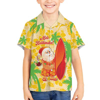 Aloha Hawaii Christmas Family Matching Tank Maxi Dress and Hawaiian Shirt Mele Kalikimaka Funny Santa Palaka Quilt Motifs LT14 Son's Shirt Yellow - Polynesian Pride