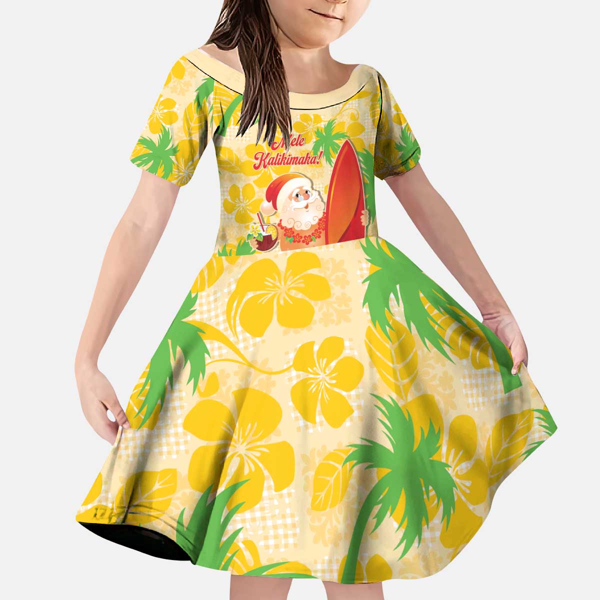 Aloha Hawaii Christmas Kid Short Sleeve Dress Mele Kalikimaka Funny Santa Palaka Quilt Motifs LT14 KID Yellow - Polynesian Pride