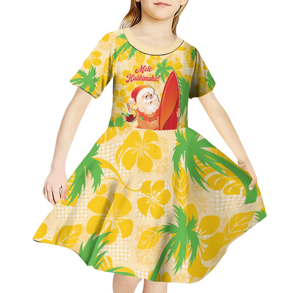 Aloha Hawaii Christmas Kid Short Sleeve Dress Mele Kalikimaka Funny Santa Palaka Quilt Motifs LT14 - Polynesian Pride