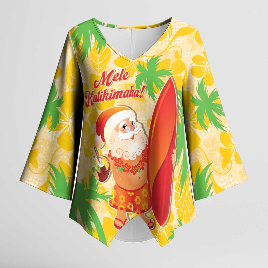 Aloha Hawaii Christmas Kimono Sleeve Blouse Mele Kalikimaka Funny Santa Palaka Quilt Motifs LT14 Female Yellow - Polynesian Pride