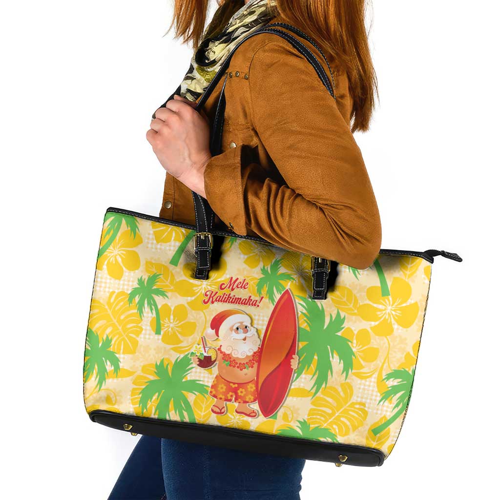 Aloha Hawaii Christmas Leather Tote Bag Mele Kalikimaka Funny Santa Palaka Quilt Motifs LT14 Yellow - Polynesian Pride