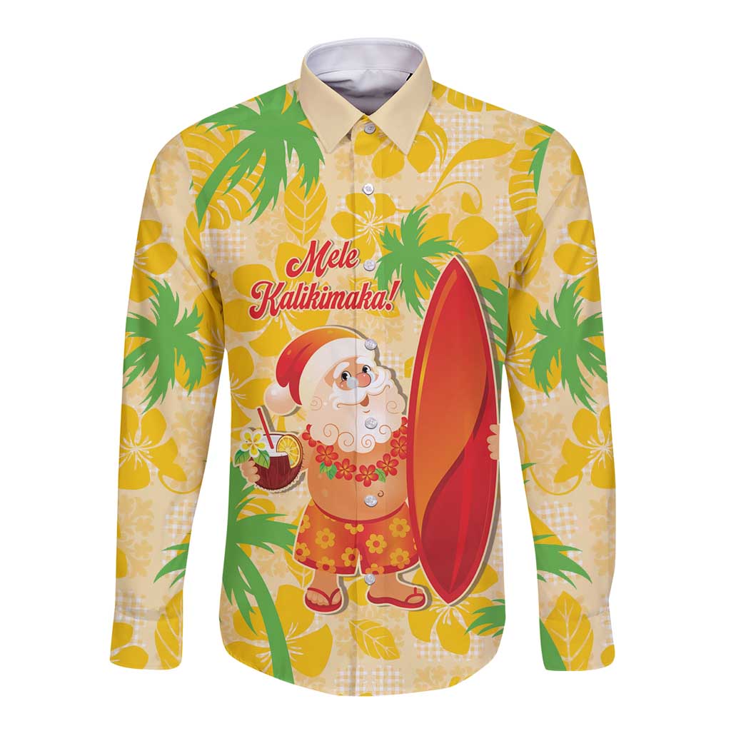 Aloha Hawaii Christmas Long Sleeve Button Shirt Mele Kalikimaka Funny Santa Palaka Quilt Motifs LT14 Unisex Yellow - Polynesian Pride