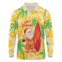Aloha Hawaii Christmas Long Sleeve Polo Shirt Mele Kalikimaka Funny Santa Palaka Quilt Motifs LT14 Yellow - Polynesian Pride