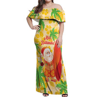 Aloha Hawaii Christmas Off Shoulder Maxi Dress Mele Kalikimaka Funny Santa Palaka Quilt Motifs LT14 Women Yellow - Polynesian Pride