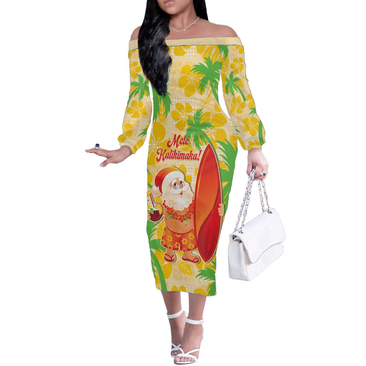 Aloha Hawaii Christmas Off The Shoulder Long Sleeve Dress Mele Kalikimaka Funny Santa Palaka Quilt Motifs LT14 Women Yellow - Polynesian Pride
