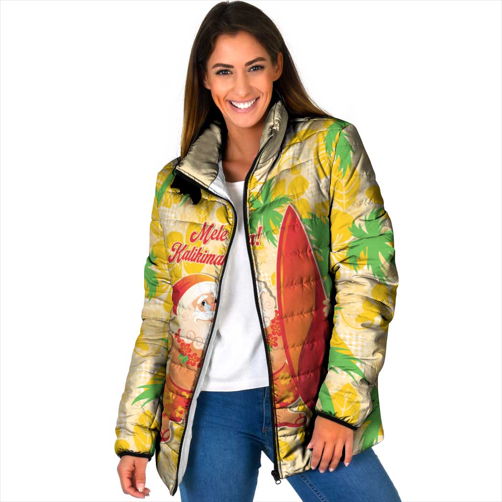 Aloha Hawaii Christmas Padded Jacket Mele Kalikimaka Funny Santa Palaka Quilt Motifs LT14 Women Yellow - Polynesian Pride