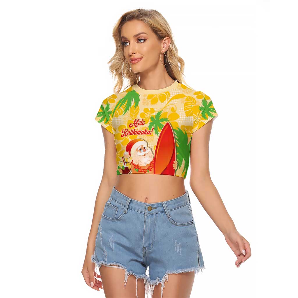 Aloha Hawaii Christmas Raglan Cropped T Shirt Mele Kalikimaka Funny Santa Palaka Quilt Motifs LT14 Female Yellow - Polynesian Pride
