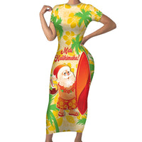 Aloha Hawaii Christmas Short Sleeve Bodycon Dress Mele Kalikimaka Funny Santa Palaka Quilt Motifs LT14 Long Dress Yellow - Polynesian Pride