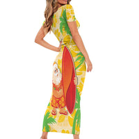Aloha Hawaii Christmas Short Sleeve Bodycon Dress Mele Kalikimaka Funny Santa Palaka Quilt Motifs LT14 - Polynesian Pride