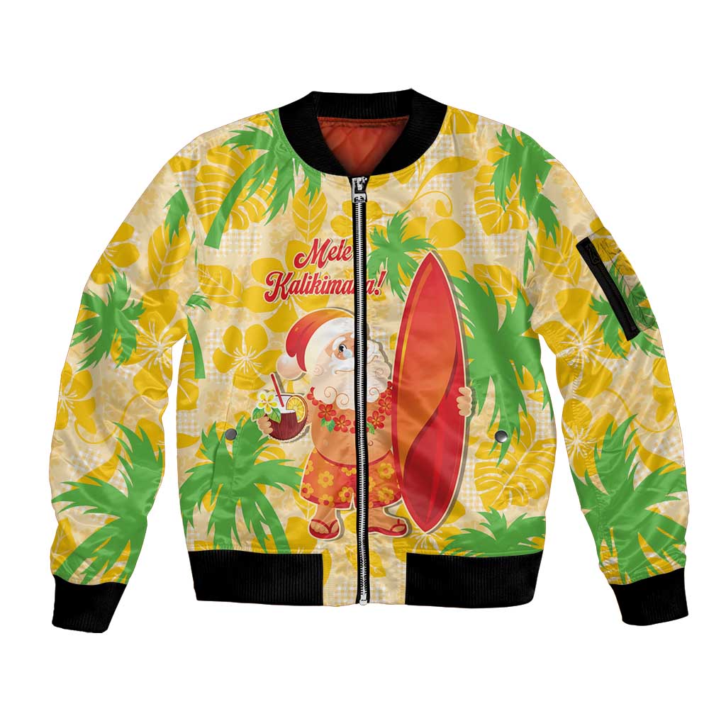 Aloha Hawaii Christmas Sleeve Zip Bomber Jacket Mele Kalikimaka Funny Santa Palaka Quilt Motifs LT14 Unisex Yellow - Polynesian Pride